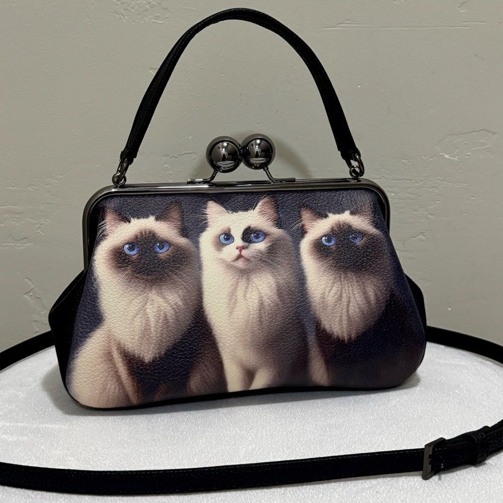 Unique Cats Print Pebble Cowhide Handmade Large Ball Kisslock Handbag, Multi Use